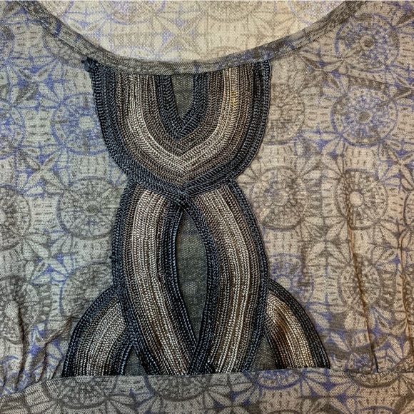 Sheer grey with black & blue pattern Mexx stretchy top. Sz L - Picture 5 of 8